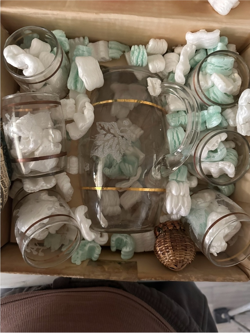 Bartlett Collins frosted flowers pitcher w/6 tumblers w/ gold trim original box
